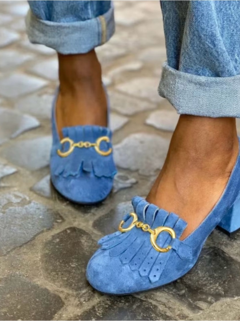 Blue Suede Fringe Loafers with Gold Accent